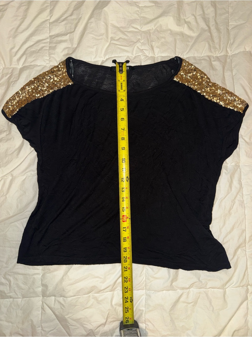 Forever 21 Black Scoop Neck Top with Gold Sequin Shoulders - Size L - Picture 4 of 9